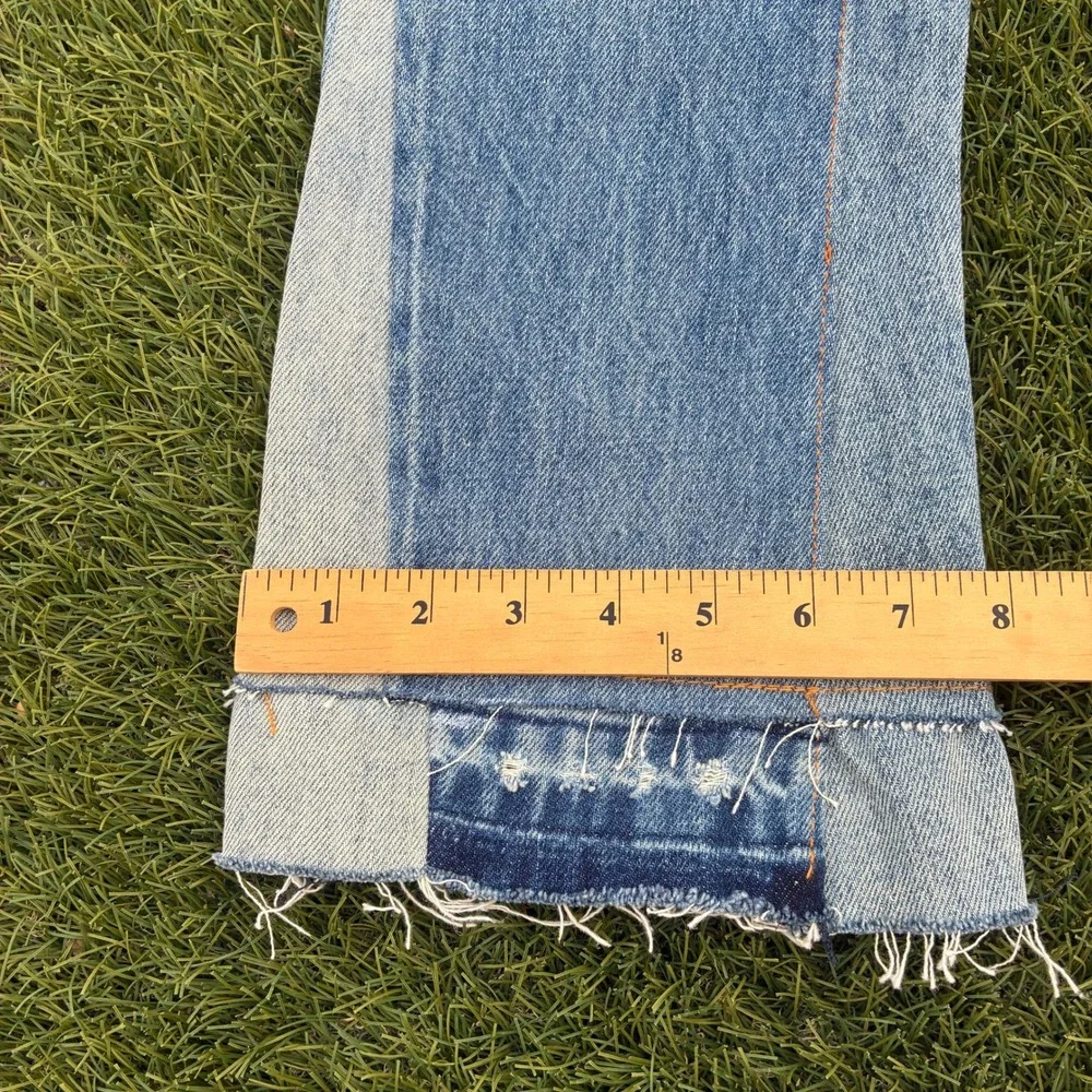 MNML Mens 29x30 Paneled Flare Jeans Light Wash Distressed Blue Cream Streetwear